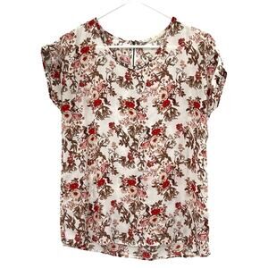 Hippie Rose Size XS‎ Blouse White Pink Floral Short Sleeve Zip Back Cottagecore